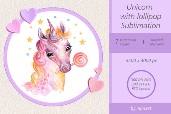 Watercolor Unicorn Lollipop Sublimation